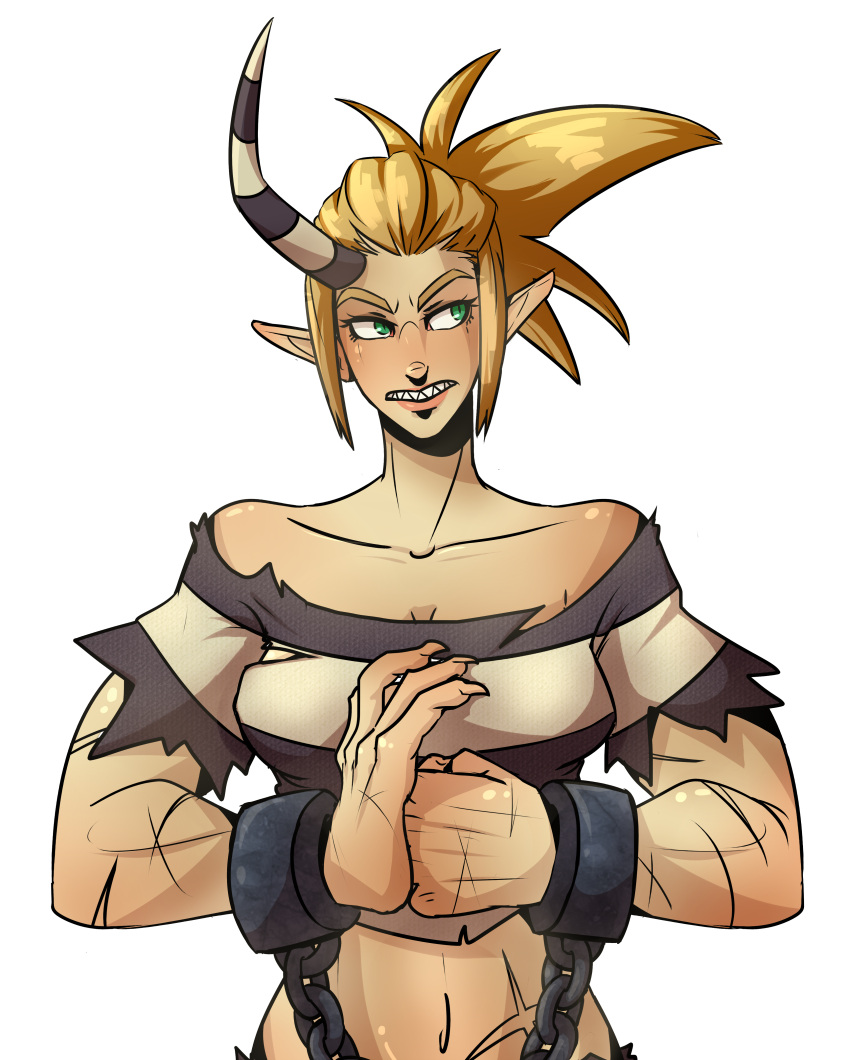 1girl, absurdres, bare_shoulders, breasts, cracking_knuckles, crop_top, cuffs, giantess, green_eyes, highres, horn, long_hair, opera_ghost, pointy_ears, ponytail, prison_clothes, scar, scythana, shackles, sharp_teeth, skullgirls, slender_waist, solo, transparent_background