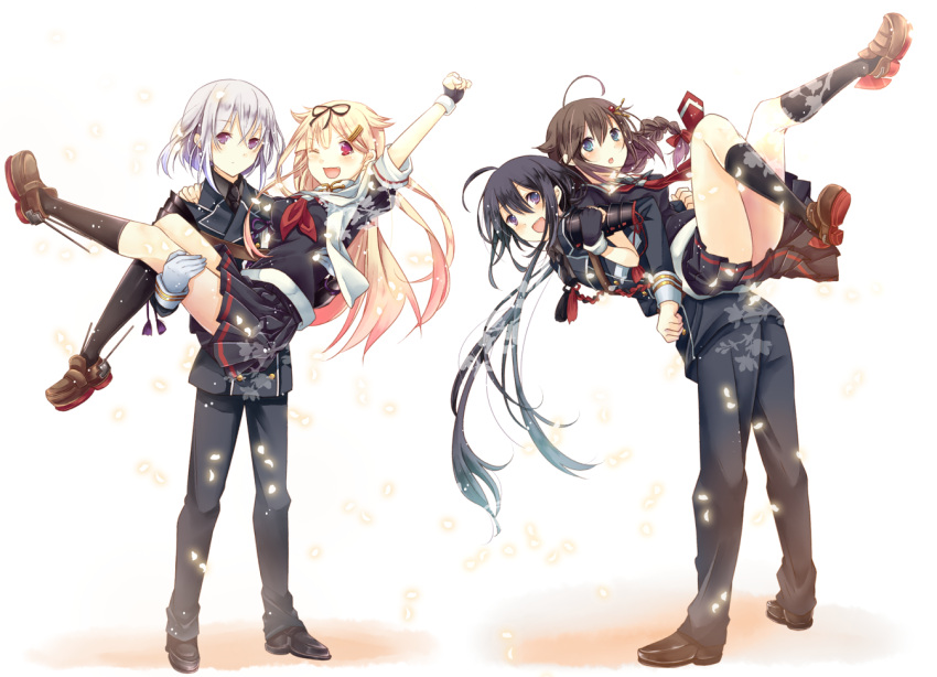 2boys, 2girls, :d, ahoge, back-to-back, black_hair, black_legwear, black_serafuku