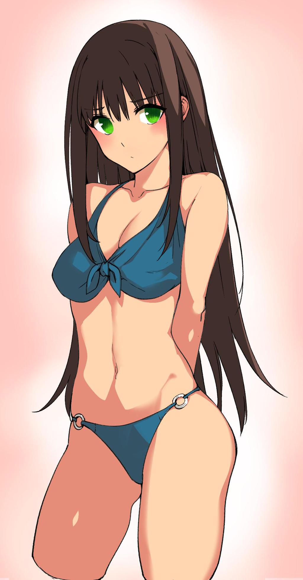 1girl, bikini, brown_hair, green_eyes, highres, idolmaster, idolmaster_cinderella_girls, katsurai_yoshiaki