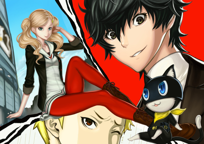 black_hair, blonde_hair, blue_eyes, cat, commentary_request, earrings, green_eyes, hair_ornament