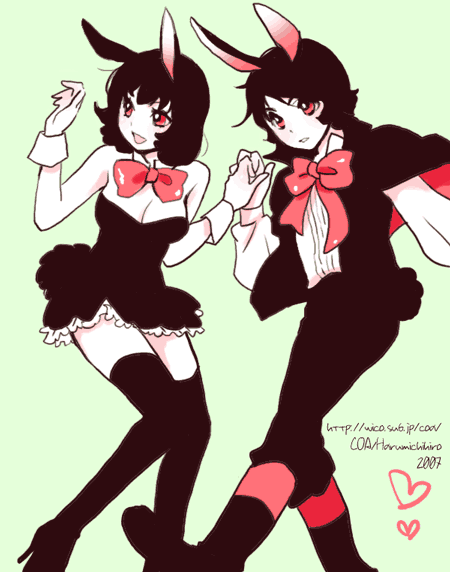 black_hair, boots, bow, bunnygirl, coa, cuffs, dress, harumichihiro