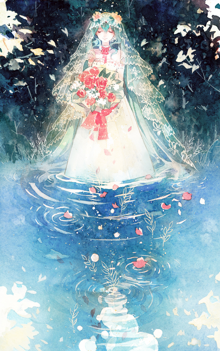 1girl, aqua_hair, bouquet, closed_eyes, dress, elbow_gloves, flower, gloves, hatsune_miku, holding, in_water, long_hair, petals, rei_(456789io), ripples, solo, standing, traditional_media, veil, very_long_hair, vocaloid, watercolor_(medium), wedding_dress, white_dress