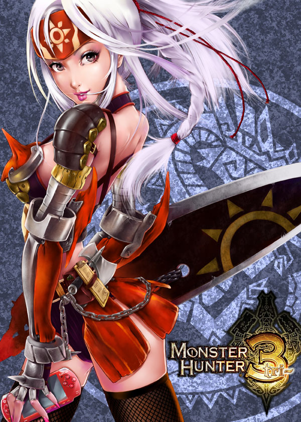 axe, back, braid, breasts, brown_hair, chain, chains, fingernails