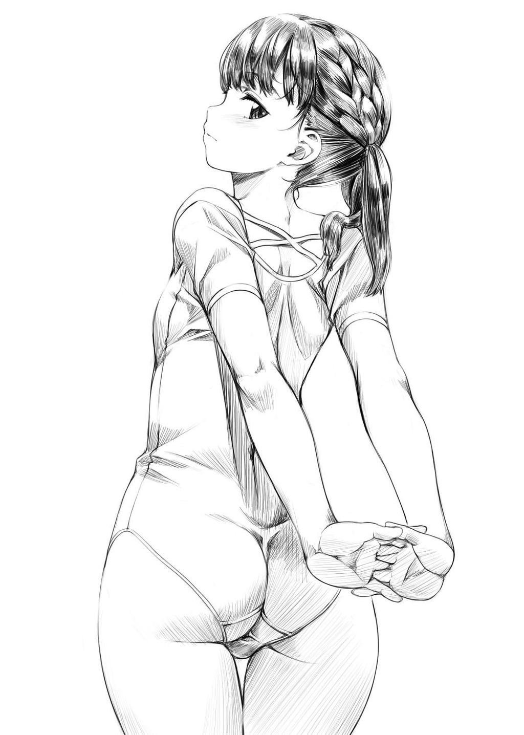 1girl, ass, blush, braid, cowboy_shot, flat_chest, from_behind, highres