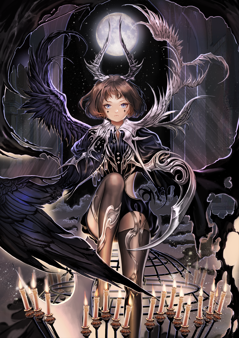 blue_eyes, brown_hair, candle, highres, horns, moon, short_hair, sindy