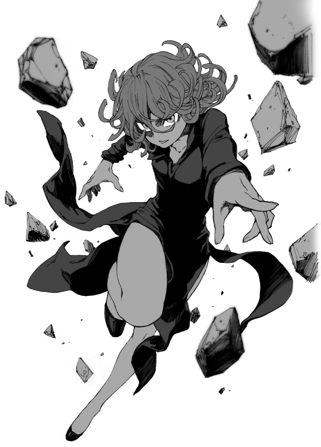 1girl, dress, floating, foreshortening, levitation, looking_at_viewer, monochrome, onepunch_man, open_mouth, riya_(teezeit), rock, short_hair, solo, tatsumaki, tsurime, wavy_hair, white_background