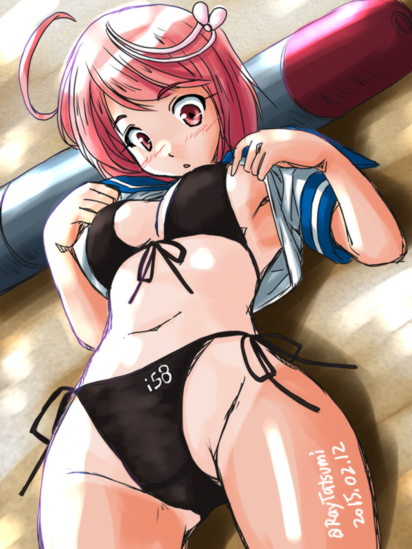 1girl, bikini, black_bikini, i-58_(kantai_collection), kantai_collection, lying, pink_hair, red_eyes