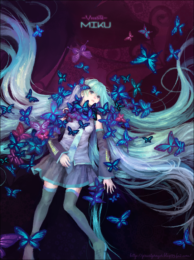 1girl, absurdly_long_hair, aqua_eyes, aqua_hair, boots, butterfly, character_name, copyright_name