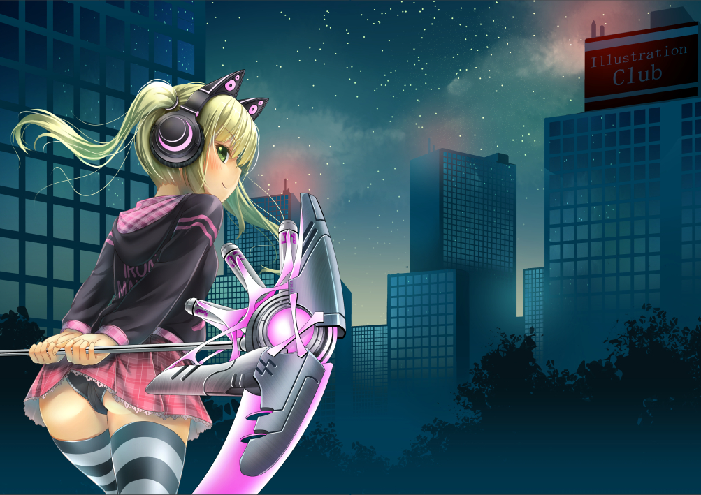 1girl, ass, bent_over, black_panties, cityscape, ecou, green_eyes, green_hair
