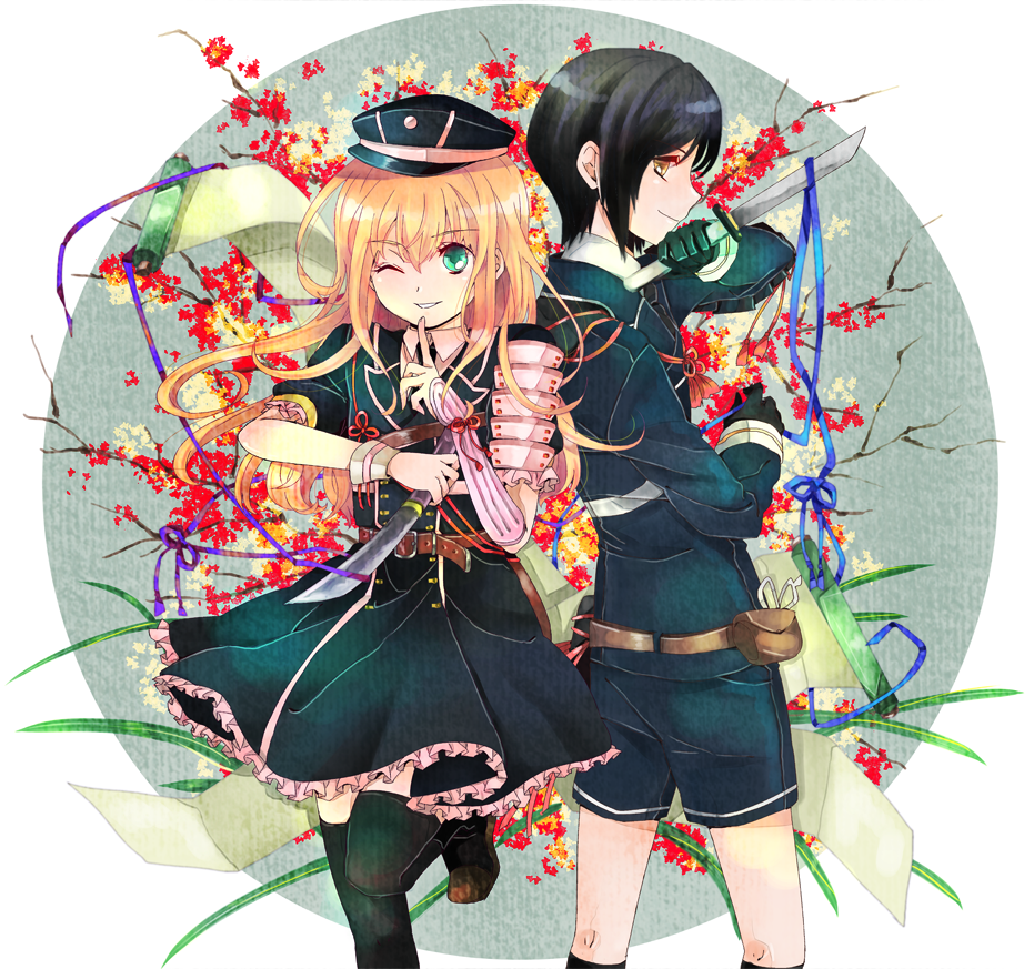 2boys, black_gloves, black_hair, black_legwear, blonde_hair, blue_eyes, dress, finger_to_mouth