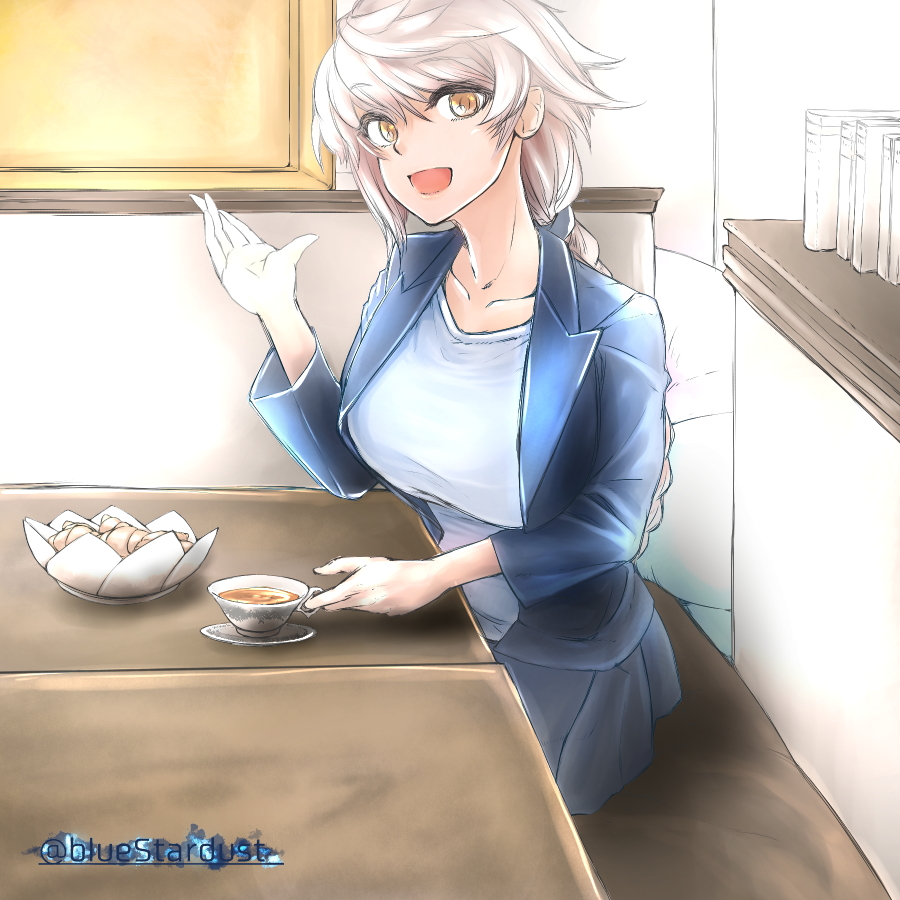 1girl, alternate_costume, asymmetrical_hair, braid, colored_eyelashes, contemporary, kantai_collection, kojima_takuro