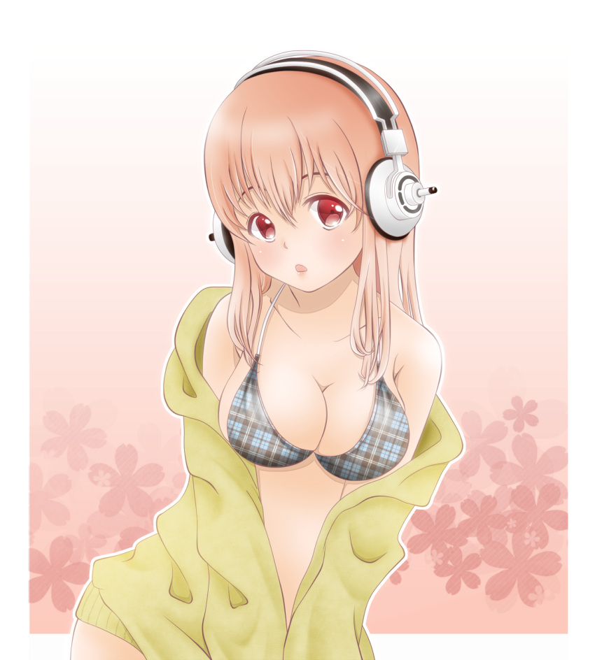 1girl, bare_shoulders, bikini, blush, breasts, cleavage, headphones, highres, large_breasts, long_hair, looking_at_viewer, mono_(bluebook), navel, nitroplus, off_shoulder, open_mouth, pink_hair, red_eyes, solo, super_sonico, swimsuit, swimsuit_under_clothes