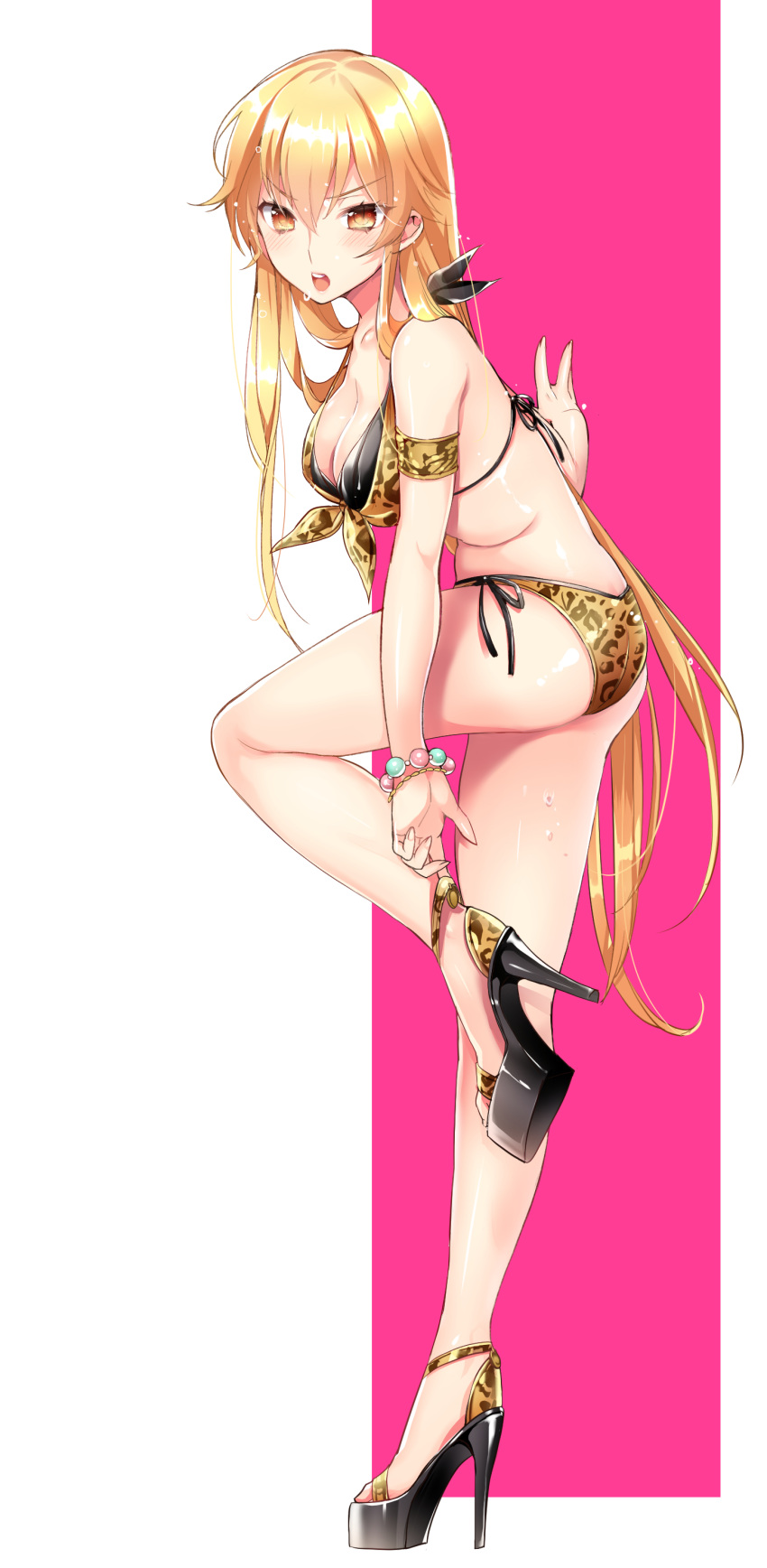 1girl, absurdres, adjusting_clothes, adjusting_shoe, arm_support, bangs, bikini, blonde_hair, blush, bracelet, breasts, fate_(series), full_body, genderswap, gilgamesh, high_heels, highres, jewelry, leopard_print, long_hair, looking_at_viewer, momoayamo, open_mouth, side-tie_bikini, simple_background, slit_pupils, solo, standing, standing_on_one_leg, swimsuit, very_long_hair, wet, yellow_eyes
