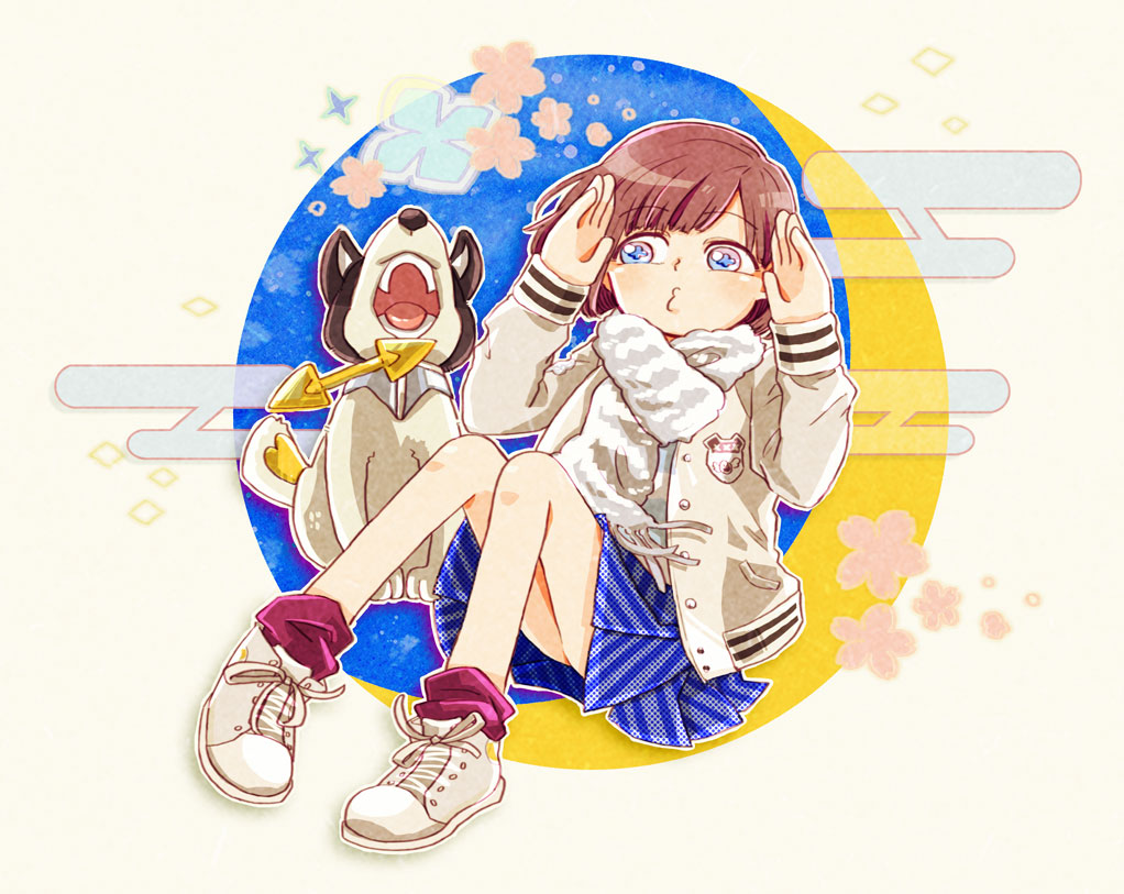 1girl, blue_eyes, brown_hair, dog, female, hajime_(csa-csa), igasaki_fuuka, jacket, scarf, short_hair, shuriken_sentai_ninninger, skirt, super_sentai, wanmaru_(ninninger)