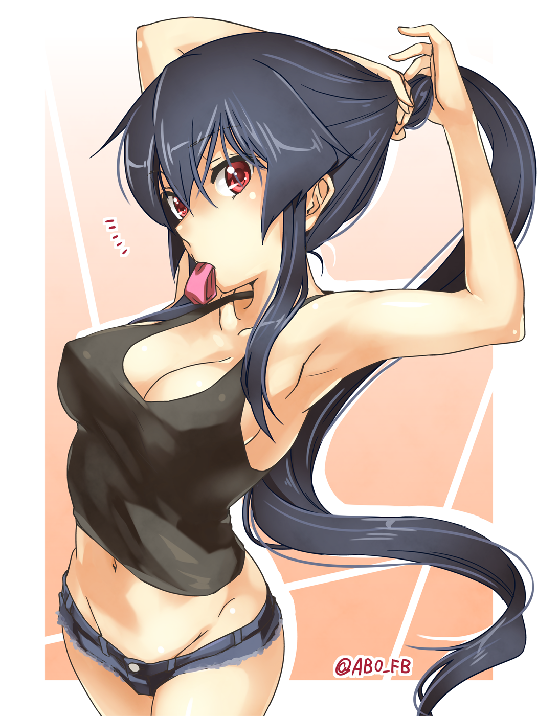1girl, abo_(hechouchou), adjusting_hair, arms_behind_head, arms_up, black_hair, breasts, denim