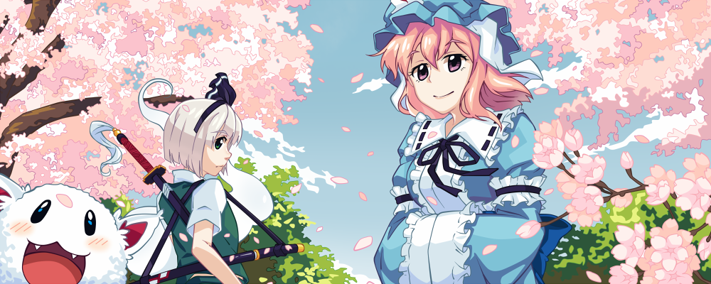 2girls, cherry_blossoms, dog, green_eyes, hairband, katana, konpaku_youmu, konpaku_youmu_(ghost)