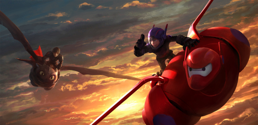 2boys, armor, baymax, big_hero_6, black_hair, brown_hair, clouds, crossover