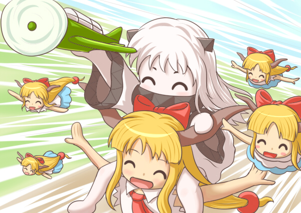 2girls, :d, ^_^, ahoge, airplane, brown_hair, closed_eyes, covered_mouth, crossover, dress, flying, holding, horns, ibuki_suika, kantai_collection, long_hair, minigirl, mittens, multiple_girls, northern_ocean_hime, open_mouth, outstretched_arms, piggyback, shinkaisei-kan, siro_(doraemon40th), smile, spread_arms, touhou, white_dress, white_hair, white_skin
