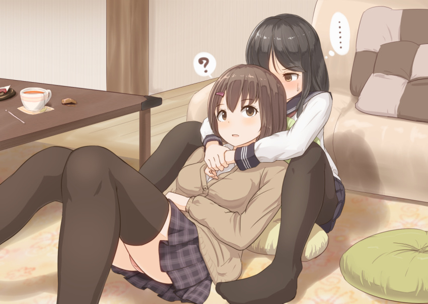 ..., 2girls, ?, between_legs, black_hair, black_legwear, blush, brown_eyes