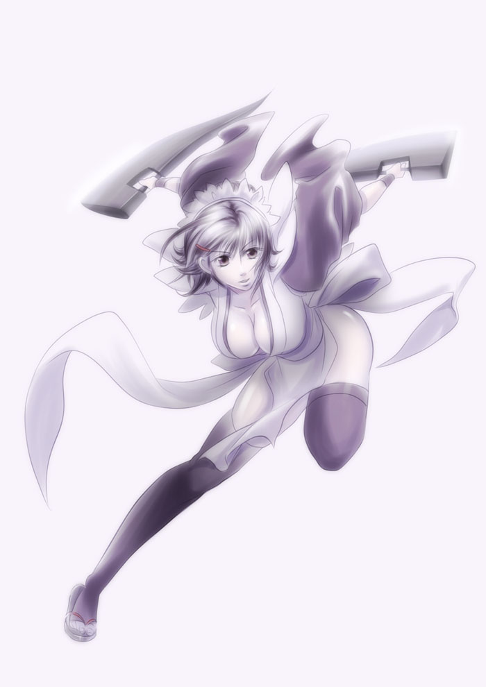 black_hair, breasts, butterfly_swords, cleavage, hair_ornament, iroha, japanese_clothes, killingrock