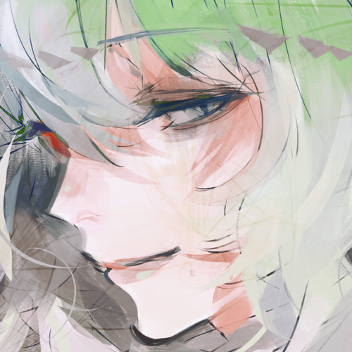 1girl, eto_(tokyo_ghoul), face, green_eyes, green_hair, heterochromia, ishida_sui, light_smile