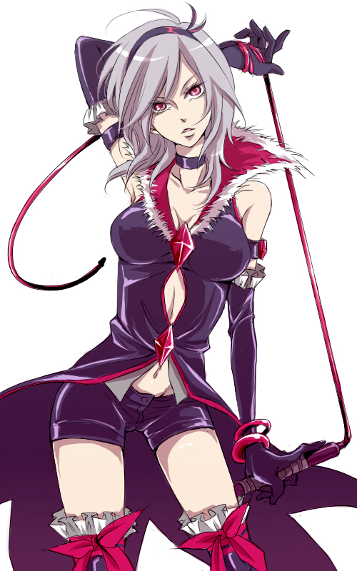 collar, eas, elbow_gloves, fresh_precure!, fresh_pretty_cure!, gloves, grey_hair, higashi_setsuna, meguro, navel, precure, pretty_cure, red_eyes, shorts, thigh-highs, thighhighs, whip