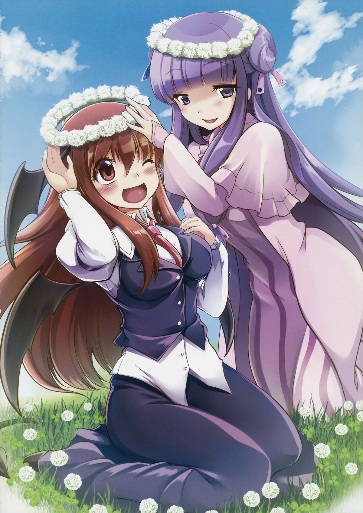 2girls, alternate_hairstyle, blush, bow, capelet, double_bun, dress, flower