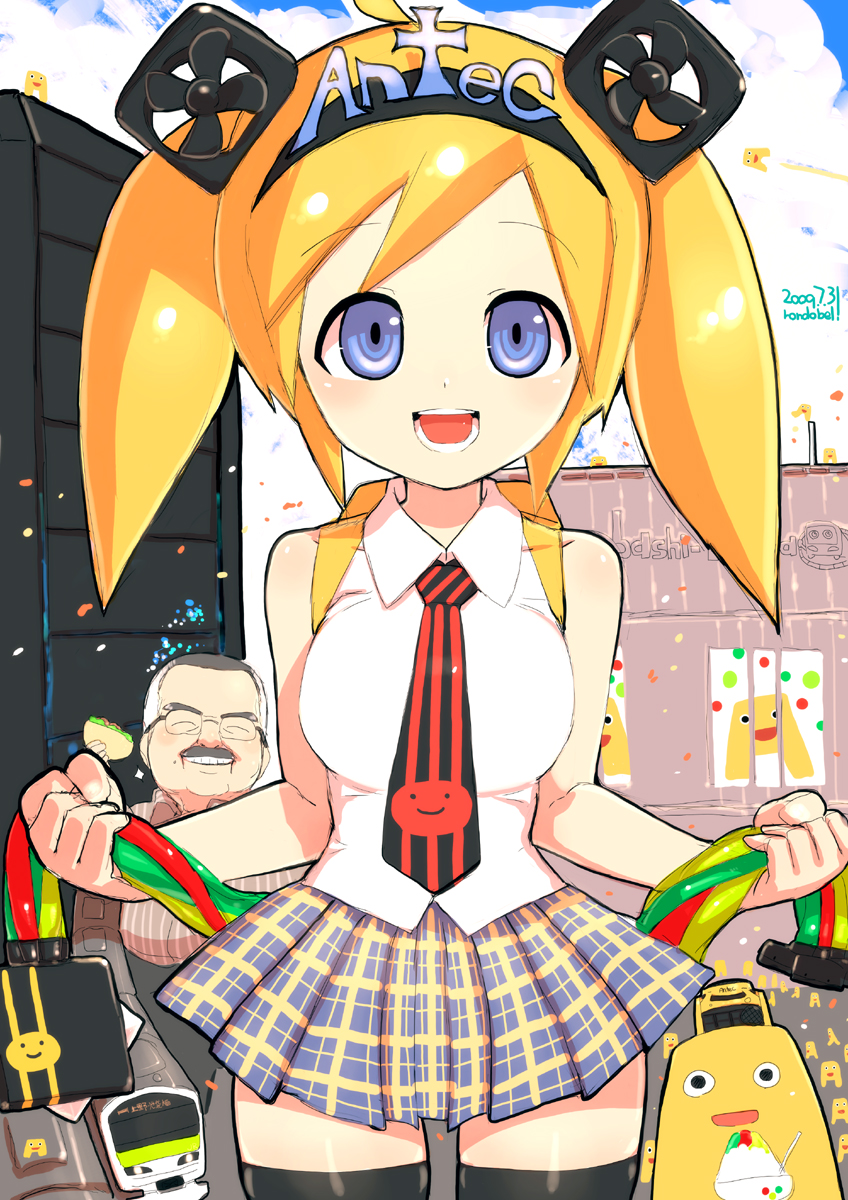 antecco, bad_id, bare_shoulders, blonde_hair, blue_eyes, highres, necktie, plaid