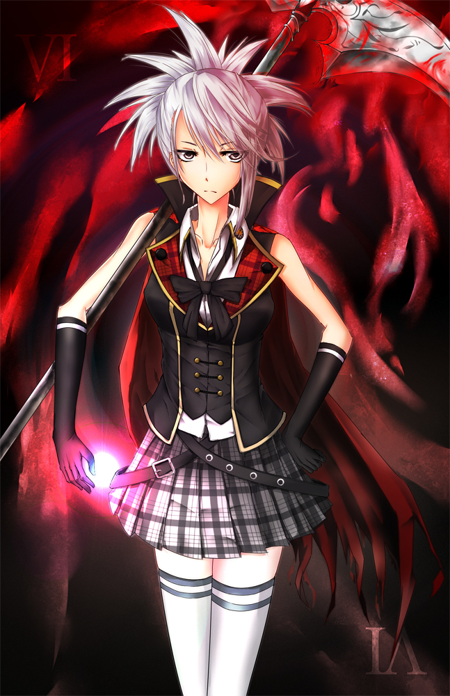 1girl, alternate_costume, blood, blue_eyes, cape, collarbone, final_fantasy, final_fantasy_type-0, hair_over_one_eye, long_hair, looking_at_viewer, ponytail, roman_numerals, school_uniform, scythe, sice_(fft-0), silver_hair, skirt, solo, thigh-highs, weapon, white_legwear, zettai_ryouiki