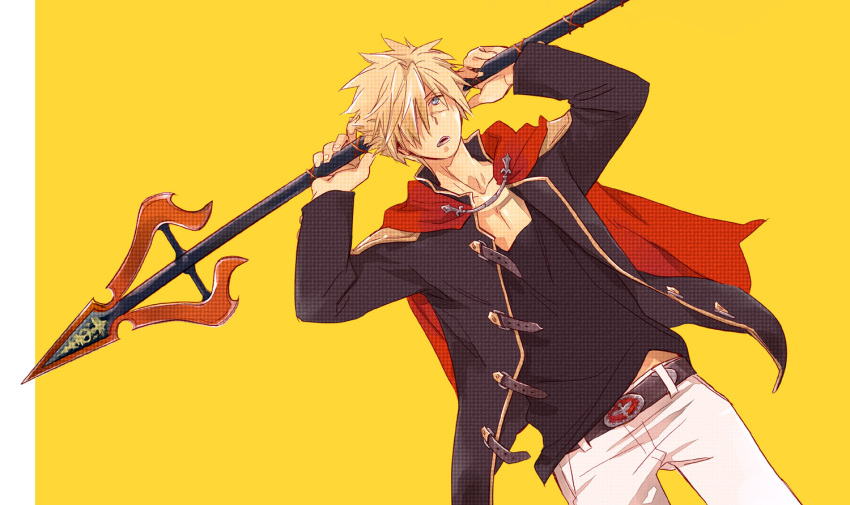 1boy, blonde_hair, blue_eyes, cape, collarbone, final_fantasy, final_fantasy_type-0, hair_over_one_eye