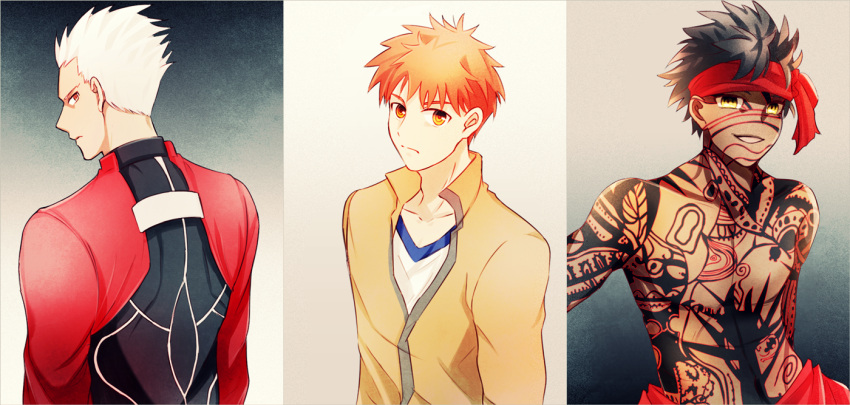 3boys, archer, avenger, black_hair, dark_skin, emiya_shirou, fate/hollow_ataraxia, fate/stay_night
