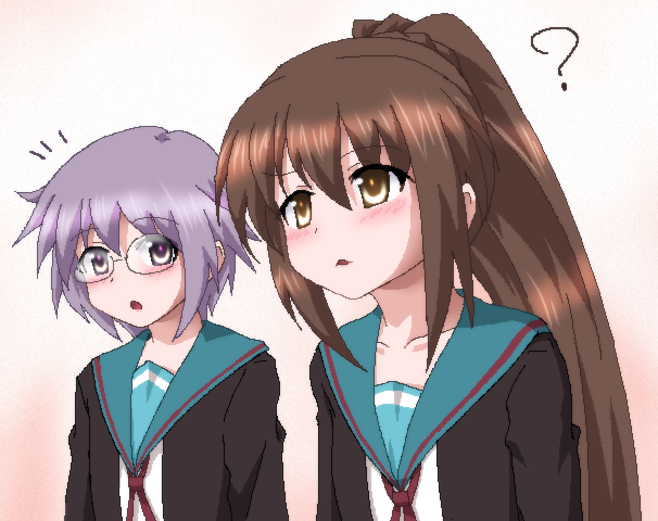 1girl, 2girls, brown_eyes, brown_hair, cardigan, genderswap, glasses, grey_hair