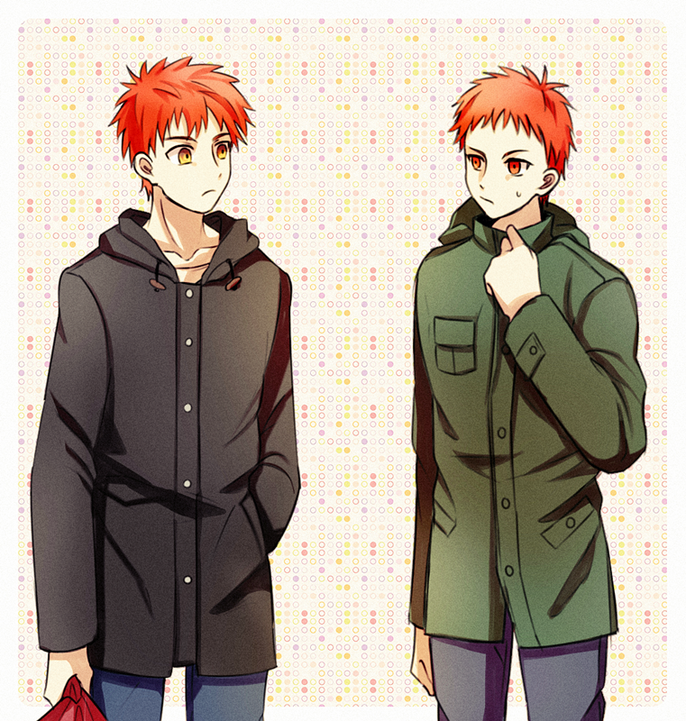 2boys, coat, creator_connection, emiya_shirou, enjou_tomoe, fate/stay_night, fate_(series), jacket