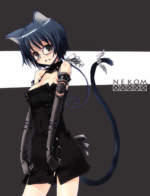 armband, black_eyes, blue_hair, blush, bow, brown_eyes, collar, dress
