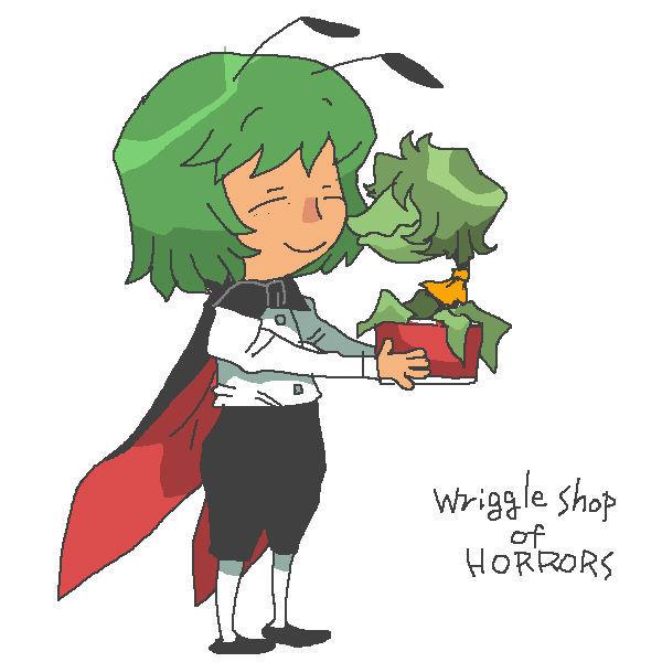 1girl, antennae, ascot, audrey_ii, cape, flower, green_hair, kazami_yuuka, little_shop_of_horrors, onikobe_rin, short_hair, smile, touhou, wriggle_nightbug