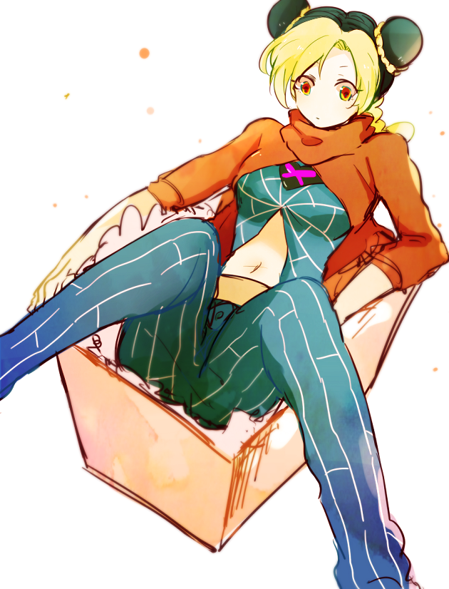 1girl, double_bun, jojo_no_kimyou_na_bouken, kuujou_jolyne, midriff, simple_background, solo, xxxceller