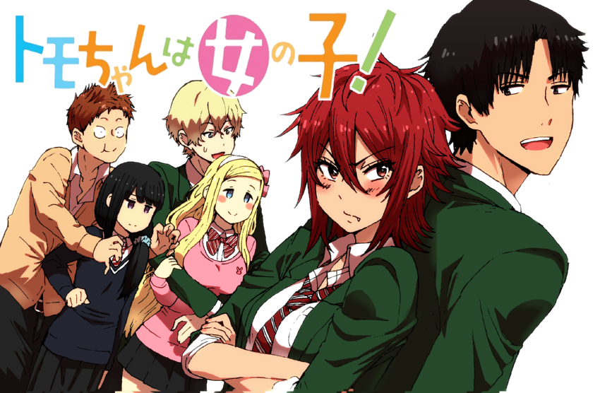 3boys, 3girls, back-to-back, black_hair, blonde_hair, blue_eyes, crossed_arms, elbowing