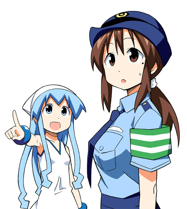 2girls, :d, :o, anbe_masahiro, armband, bangle, blue_eyes, blue_hair