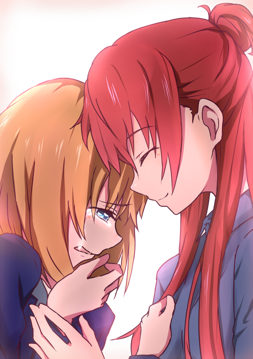 2girls, blue_eyes, brown_hair, closed_eyes, coco3186, hair_bun, long_hair, miyamori_aoi