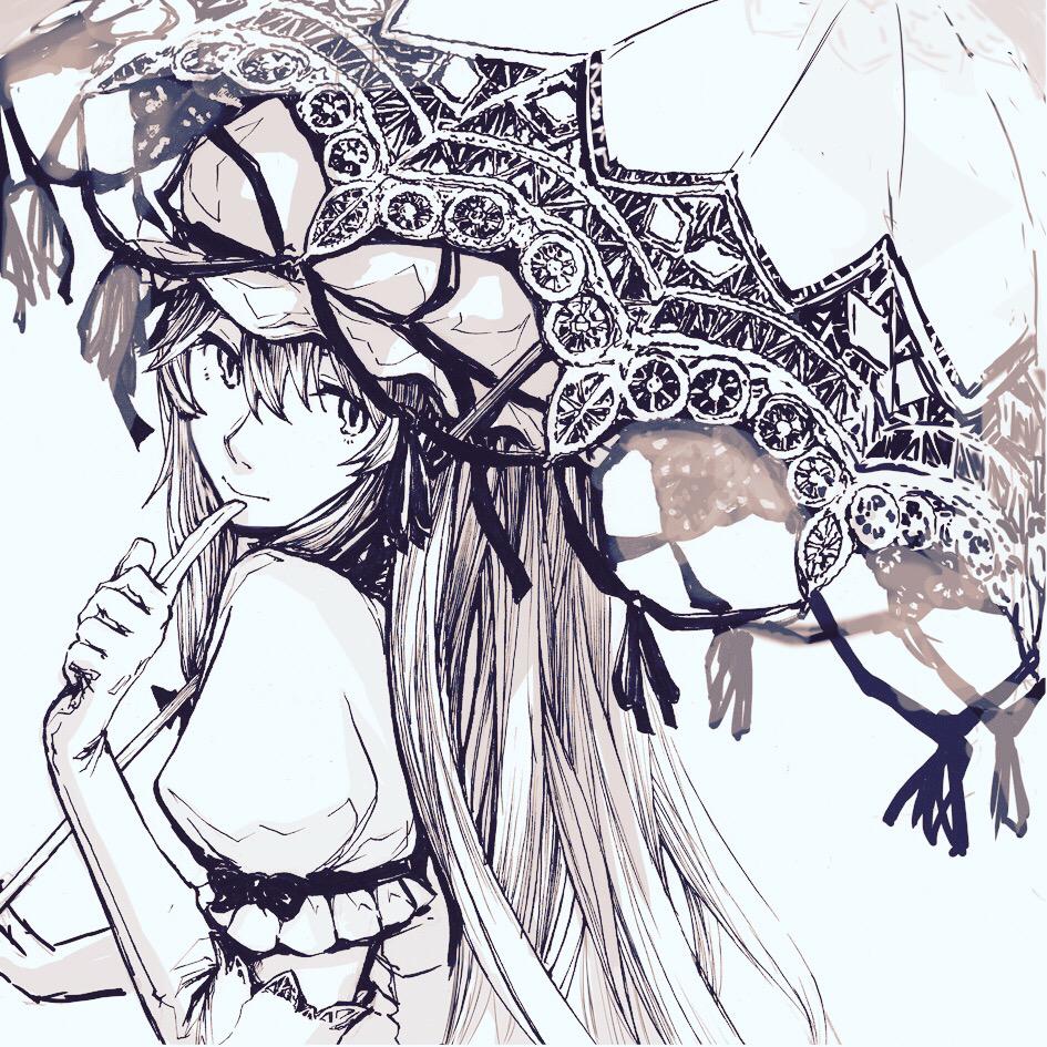 1girl, bow, elbow_gloves, gloves, hasunemachi, hat, hat_bow, long_hair, looking_at_viewer, looking_back, mob_cap, monochrome, parasol, puffy_sleeves, ribbon, short_sleeves, simple_background, solo, touhou, umbrella, upper_body, yakumo_yukari