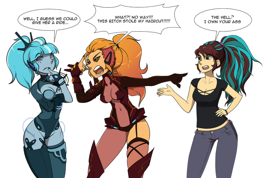 3girls, artist_self-insert, black_sclera, blue_eyes, blue_hair, blue_sclera, blue_skin, breasts