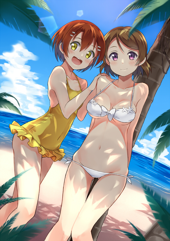 2girls, :3, :d, beach, bikini, blush, bow, breasts, brown_hair, casual_one-piece_swimsuit, cleavage, clouds, collarbone, covered_navel, dappled_sunlight, day, dutch_angle, frilled_one-piece_swimsuit, frilled_swimsuit, frills, front-tie_top, hair_ornament, hairclip, hands_on_another's_shoulder, horizon, hoshizora_rin, koizumi_hanayo, lens_flare, light_smile, love_live!, love_live!_school_idol_project, medium_breasts, midriff, multiple_girls, navel, ocean, one-piece_swimsuit, open_mouth, orange_hair, outdoors, palm_tree, shitou_(1992116210), short_hair, sky, small_breasts, smile, standing, sunlight, swept_bangs, swimsuit, thigh_gap, tree, underboob, violet_eyes, white_bikini, yellow_eyes, yellow_one-piece_swimsuit