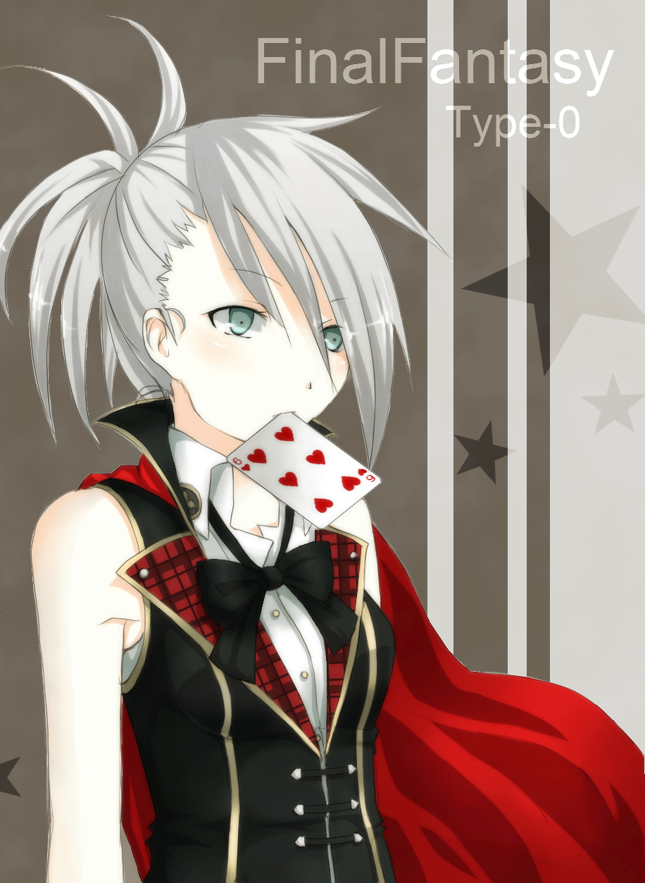 1girl, alternate_costume, bare_shoulders, breasts, cape, card, card_in_mouth, final_fantasy, final_fantasy_type-0, hair_over_one_eye, heart, highres, long_hair, looking_away, mouth_hold, ponytail, sawara_(starligtvision), school_uniform, sice_(fft-0), silver_hair, solo