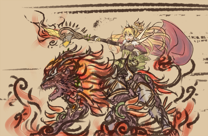 1girl, brush_(medium), cape, duel_monster, lion, open_mouth, parody, riding, ritual_beast_ulti-apelio, rk925, staff, style_parody, traditional_media, yuu-gi-ou