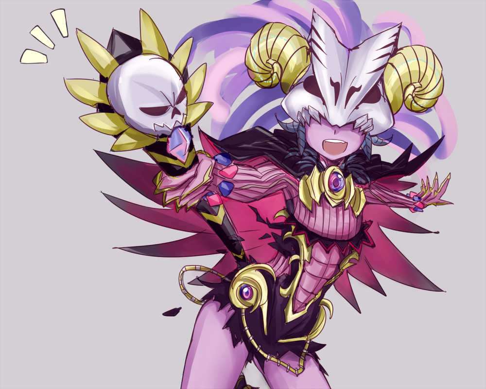 1girl, archfiend_heiress, cape, covered_eyes, duel_monster, headgear, open_mouth, purple_skin, rk925, smile, staff, thighs, torn_clothes, yuu-gi-ou