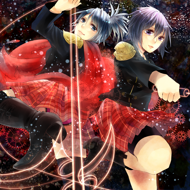 2girls, bike_shorts, blue_eyes, breasts, cape, final_fantasy, final_fantasy_type-0, hair_over_one_eye