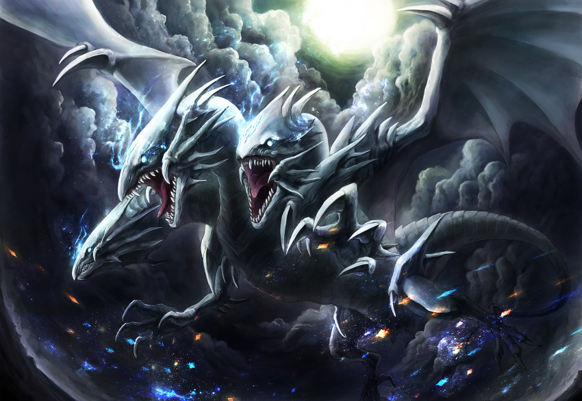 blue-eyes_ultimate_dragon, claws, clouds, dragon, duel_monster, electricity, flying, full_moon, highres, moon, multiple_heads, no_humans, open_mouth, sharp_teeth, van_ken003, yuu-gi-ou