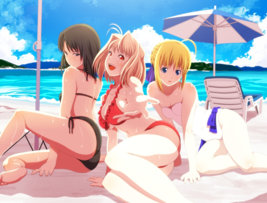 3girls, :d, ahoge, arcueid_brunestud, ass, bad_feet, bare_legs, barefoot, beach, beckon, bikini, blonde_hair, bloom, breasts, cloud, crossover, eyebrows, eyebrows_behind_hair, eyes, fate/stay_night, fate_(series), frills, front-tie_top, hair_ribbon, kara_no_kyoukai, large_breasts, looking_back, multiple_girls, one-piece_swimsuit, open_mouth, ribbon, ryougi_shiki, saber, shingetsutan_tsukihime, side-tie_bikini, sideboob, sitting, sky, smile, soles, swimsuit, tsukihime, tsukumo, umbrella, underboob, wet, yokozuwari