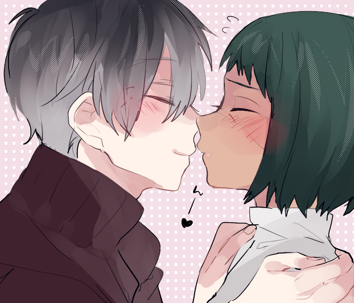 1boy, 1girl, black_hair, blush, dark_skin, flying_sweatdrops, gradient_hair, green_hair