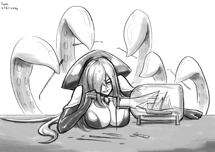 2014, breasts, cleavage, concentrating, dated, glue, hair_over_one_eye, kraken_(monster_girl_encyclopedia)